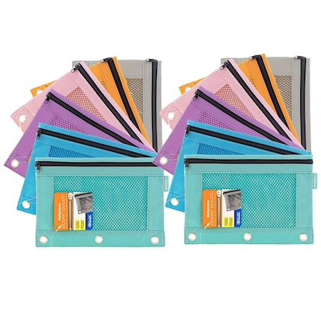 Pencil Pouch With 3-Ring And Mesh Window, Retro Pastel Colors, PK12, 12PK